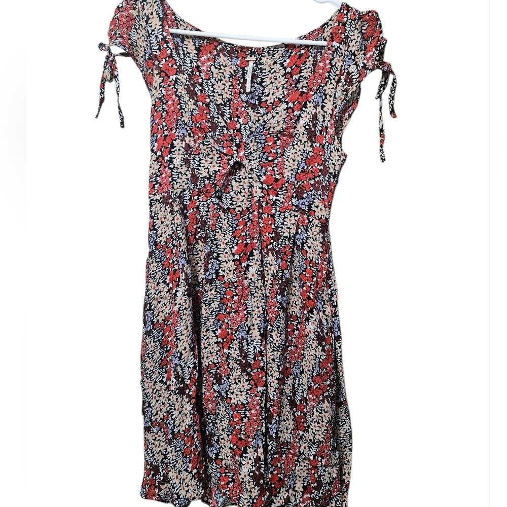 Free People Red and Black Floral Cutout Detail Mini Dress with Pockets